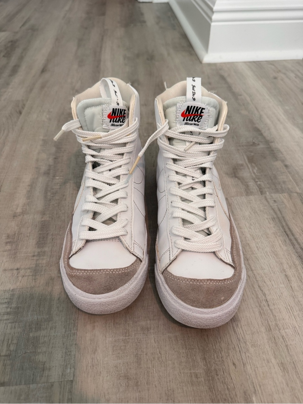 Nike Blazer Mid High-Top Sneakers in White & Beige